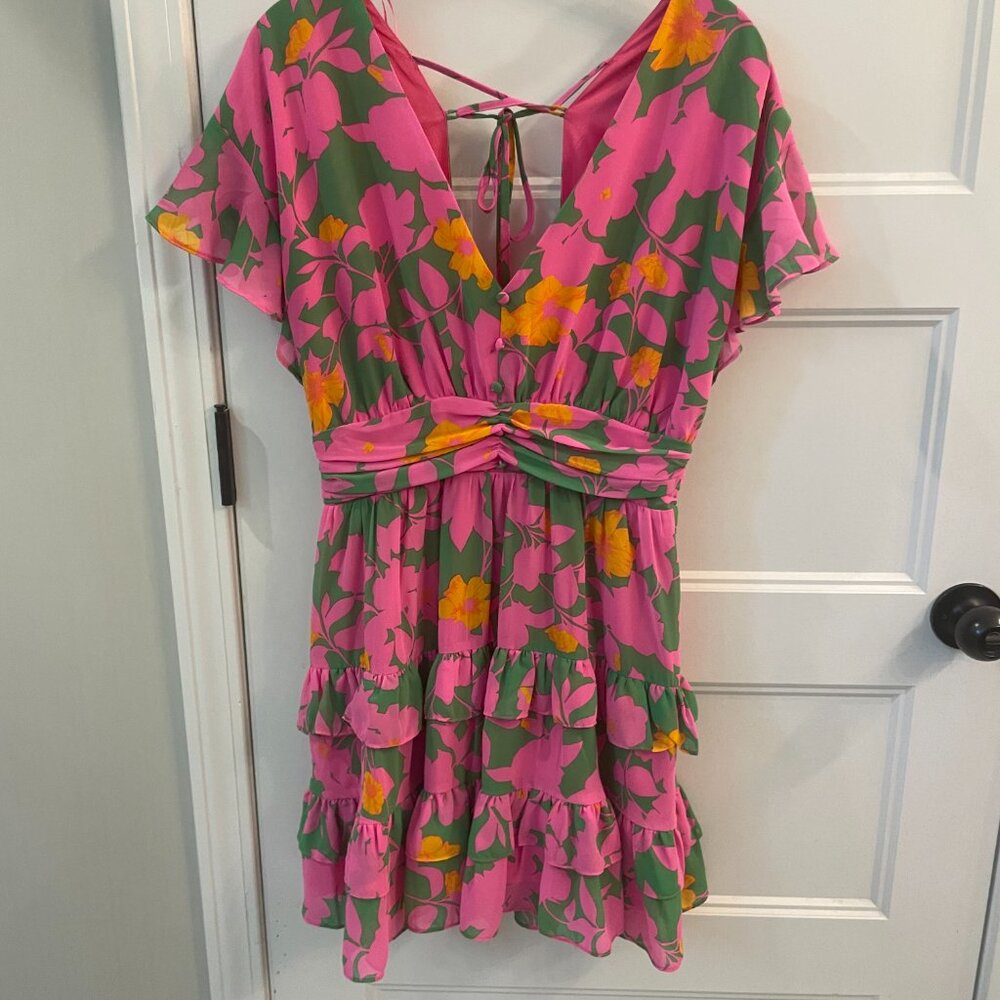 Floral print mini dress with ruffles and cutout back - Picture 2 of 4
